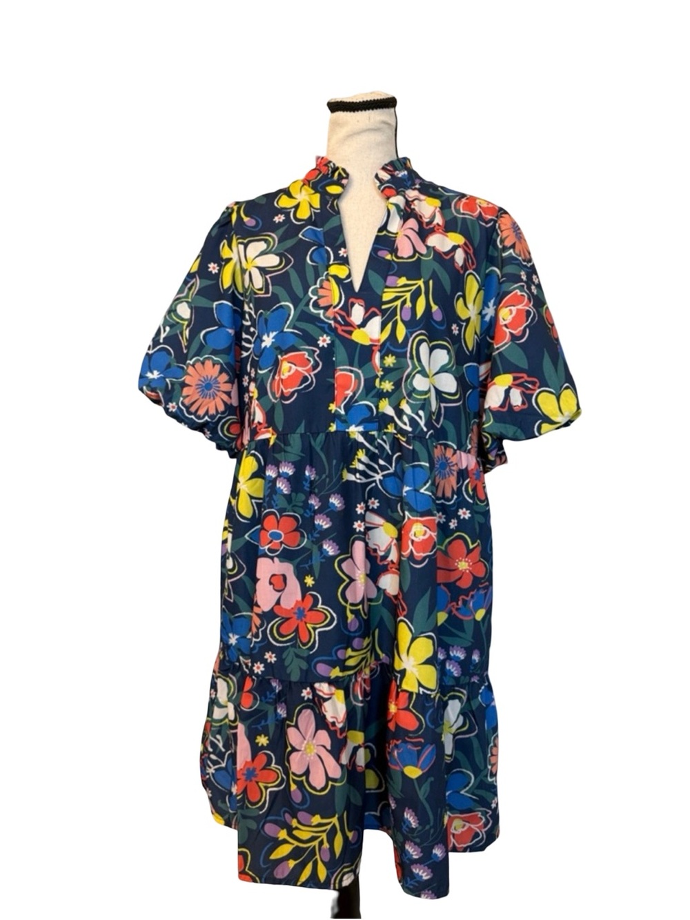 H&M L Floral Babydoll Dress Puff Sleeve Tiered Mini Colorful Cottagecore Boho
